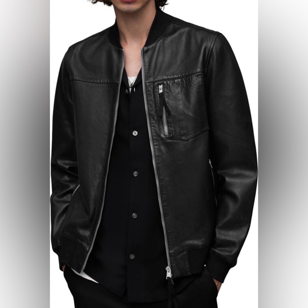 NWOT AllSaints Mens Tyro Leather Bomber Jacket in Black